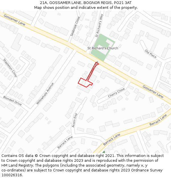 21A, GOSSAMER LANE, BOGNOR REGIS, PO21 3AT: Location map and indicative extent of plot