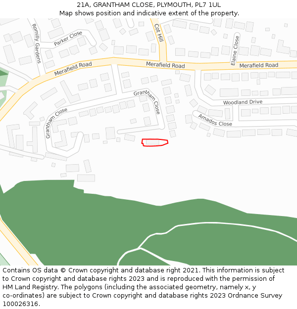 21A, GRANTHAM CLOSE, PLYMOUTH, PL7 1UL: Location map and indicative extent of plot