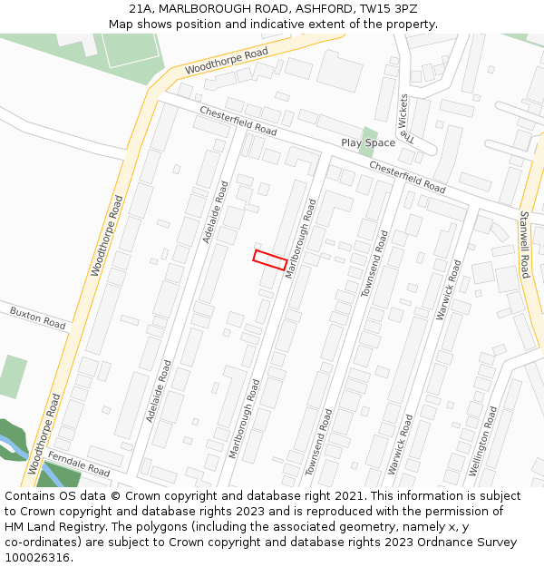 21A, MARLBOROUGH ROAD, ASHFORD, TW15 3PZ: Location map and indicative extent of plot