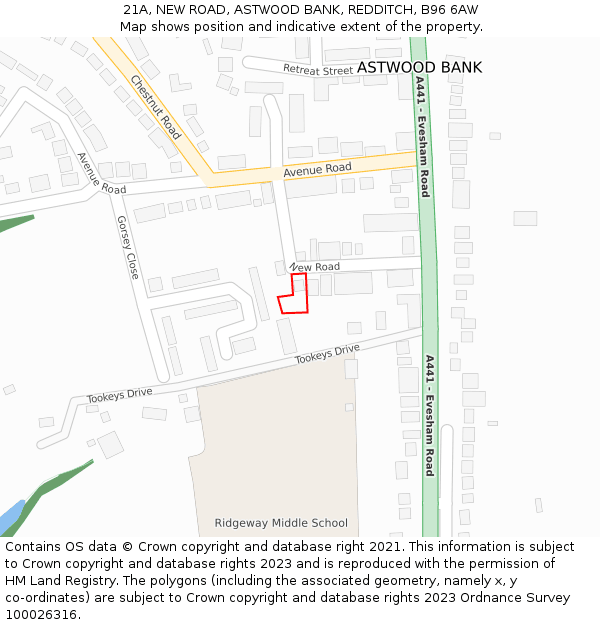 21A, NEW ROAD, ASTWOOD BANK, REDDITCH, B96 6AW: Location map and indicative extent of plot