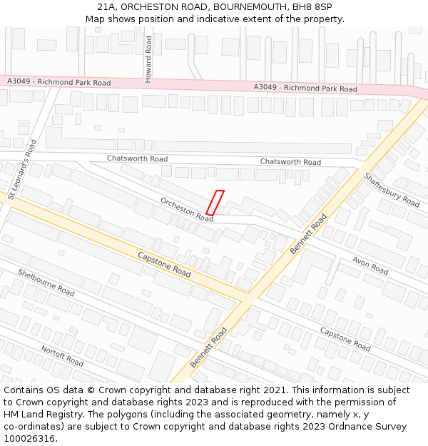 21A, ORCHESTON ROAD, BOURNEMOUTH, BH8 8SP: Location map and indicative extent of plot