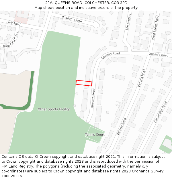 21A, QUEENS ROAD, COLCHESTER, CO3 3PD: Location map and indicative extent of plot