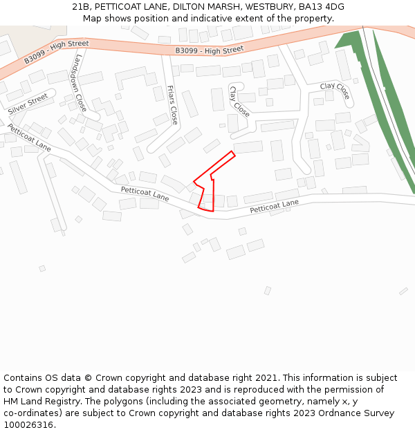 21B, PETTICOAT LANE, DILTON MARSH, WESTBURY, BA13 4DG: Location map and indicative extent of plot