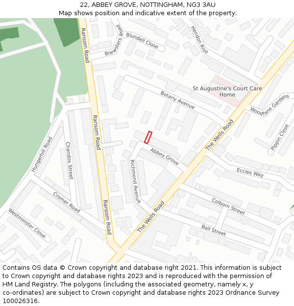 22, ABBEY GROVE, NOTTINGHAM, NG3 3AU: Location map and indicative extent of plot