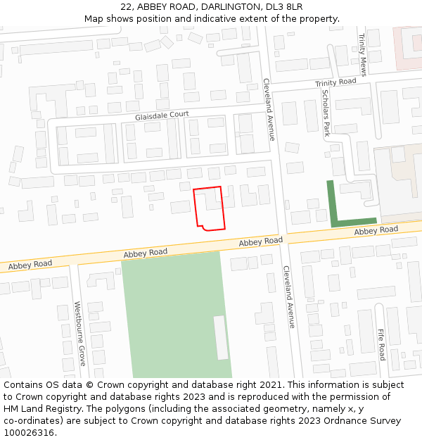 22, ABBEY ROAD, DARLINGTON, DL3 8LR: Location map and indicative extent of plot