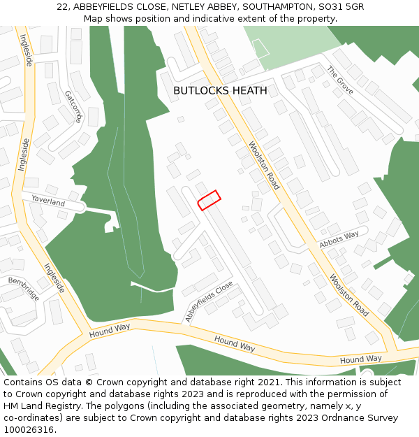 22, ABBEYFIELDS CLOSE, NETLEY ABBEY, SOUTHAMPTON, SO31 5GR: Location map and indicative extent of plot