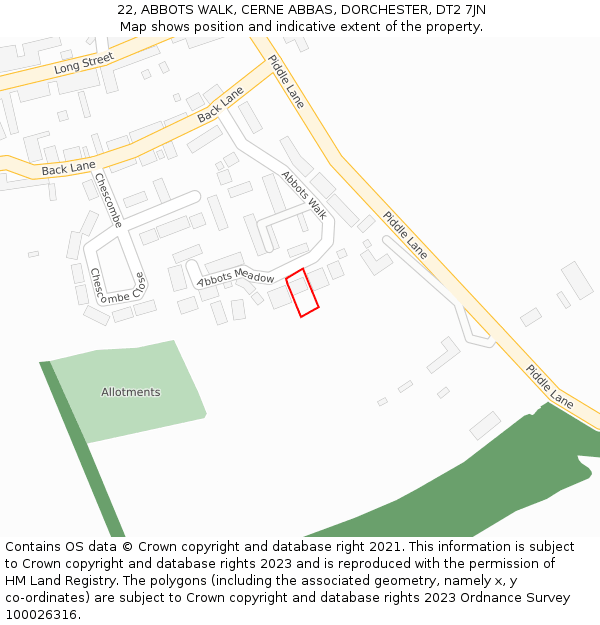22, ABBOTS WALK, CERNE ABBAS, DORCHESTER, DT2 7JN: Location map and indicative extent of plot