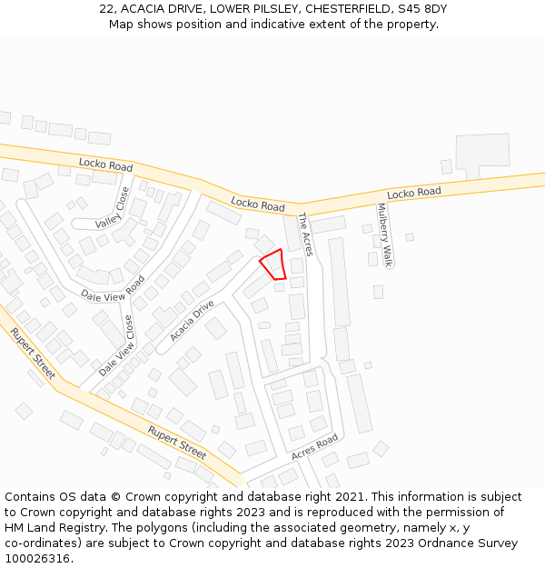 22, ACACIA DRIVE, LOWER PILSLEY, CHESTERFIELD, S45 8DY: Location map and indicative extent of plot