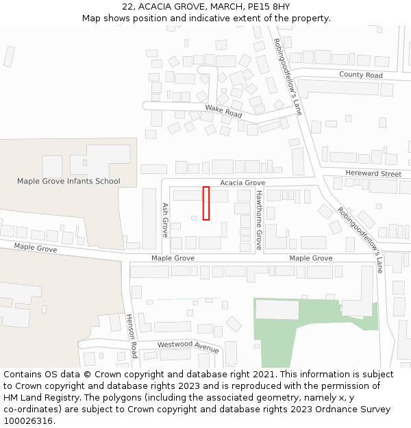 22, ACACIA GROVE, MARCH, PE15 8HY: Location map and indicative extent of plot