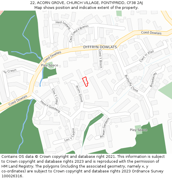 22, ACORN GROVE, CHURCH VILLAGE, PONTYPRIDD, CF38 2AJ: Location map and indicative extent of plot