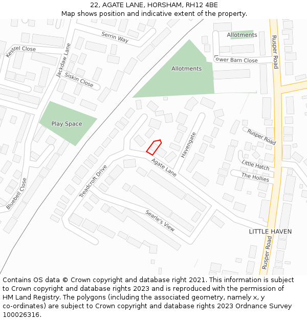 22, AGATE LANE, HORSHAM, RH12 4BE: Location map and indicative extent of plot