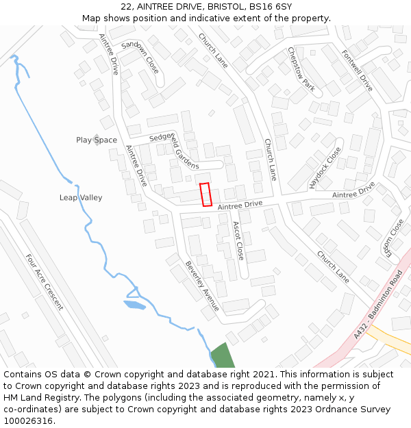 22, AINTREE DRIVE, BRISTOL, BS16 6SY: Location map and indicative extent of plot