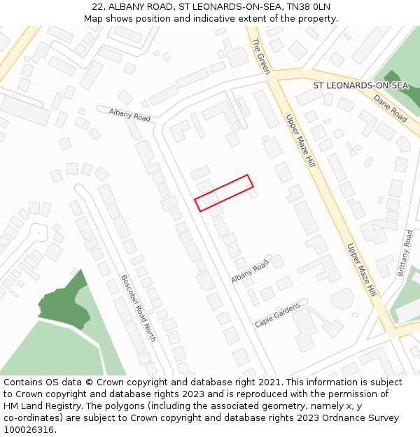 22, ALBANY ROAD, ST LEONARDS-ON-SEA, TN38 0LN: Location map and indicative extent of plot