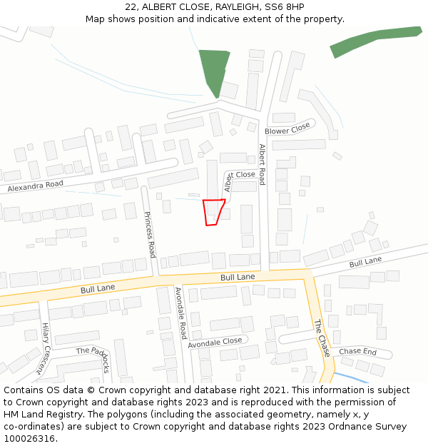 22, ALBERT CLOSE, RAYLEIGH, SS6 8HP: Location map and indicative extent of plot