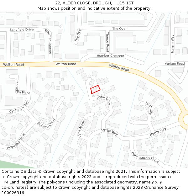 22, ALDER CLOSE, BROUGH, HU15 1ST: Location map and indicative extent of plot
