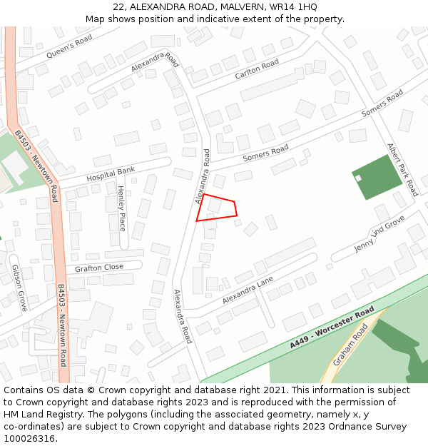 22, ALEXANDRA ROAD, MALVERN, WR14 1HQ: Location map and indicative extent of plot