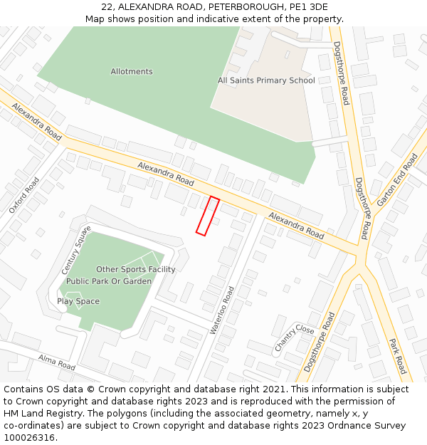 22, ALEXANDRA ROAD, PETERBOROUGH, PE1 3DE: Location map and indicative extent of plot