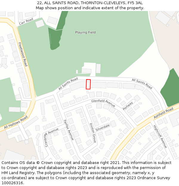 22, ALL SAINTS ROAD, THORNTON-CLEVELEYS, FY5 3AL: Location map and indicative extent of plot