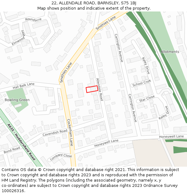 22, ALLENDALE ROAD, BARNSLEY, S75 1BJ: Location map and indicative extent of plot