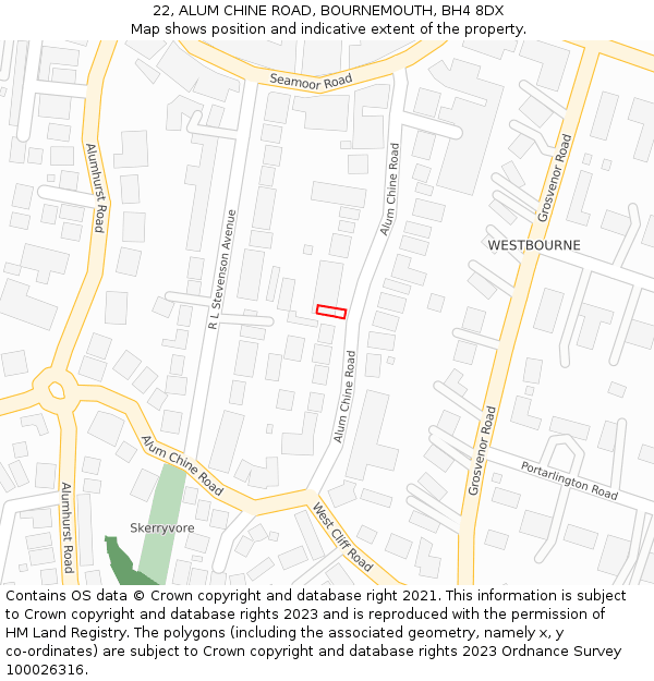 22, ALUM CHINE ROAD, BOURNEMOUTH, BH4 8DX: Location map and indicative extent of plot