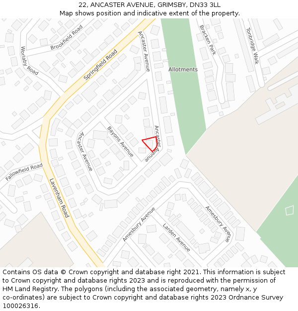 22, ANCASTER AVENUE, GRIMSBY, DN33 3LL: Location map and indicative extent of plot