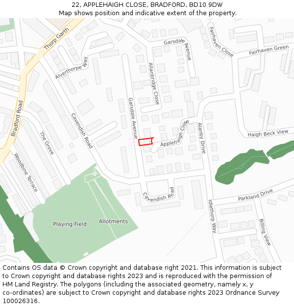 22, APPLEHAIGH CLOSE, BRADFORD, BD10 9DW: Location map and indicative extent of plot