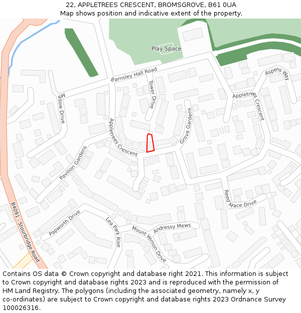 22, APPLETREES CRESCENT, BROMSGROVE, B61 0UA: Location map and indicative extent of plot