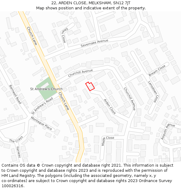 22, ARDEN CLOSE, MELKSHAM, SN12 7JT: Location map and indicative extent of plot