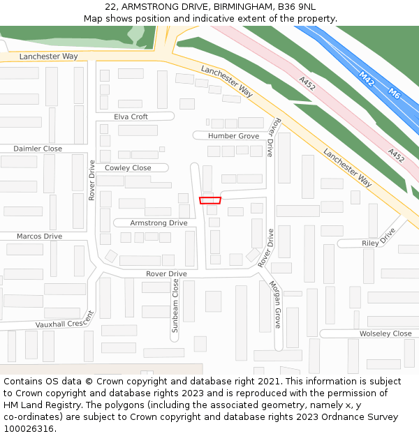 22, ARMSTRONG DRIVE, BIRMINGHAM, B36 9NL: Location map and indicative extent of plot