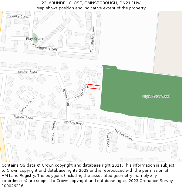 22, ARUNDEL CLOSE, GAINSBOROUGH, DN21 1HW: Location map and indicative extent of plot