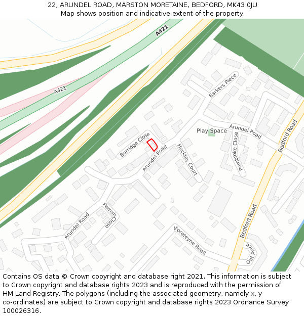 22, ARUNDEL ROAD, MARSTON MORETAINE, BEDFORD, MK43 0JU: Location map and indicative extent of plot