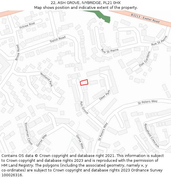 22, ASH GROVE, IVYBRIDGE, PL21 0HX: Location map and indicative extent of plot