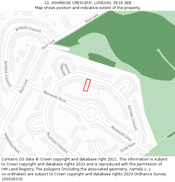 22, ASHRIDGE CRESCENT, LONDON, SE18 3EB: Location map and indicative extent of plot