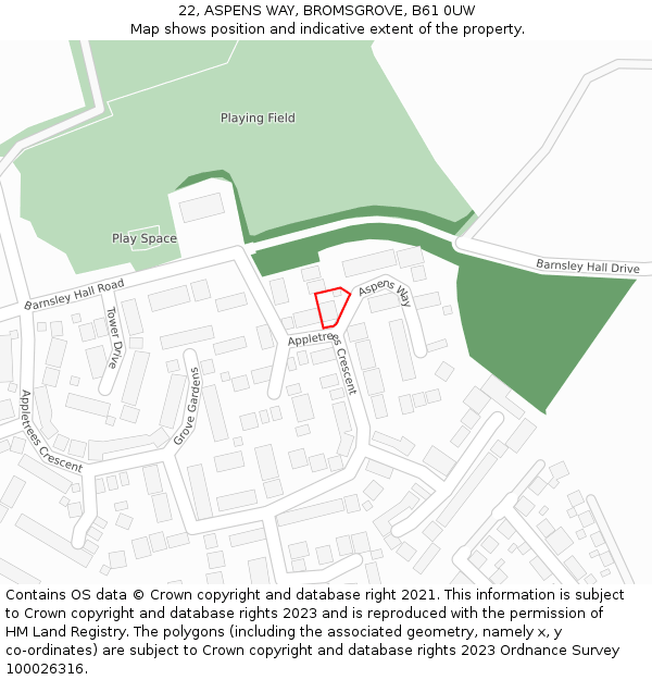 22, ASPENS WAY, BROMSGROVE, B61 0UW: Location map and indicative extent of plot
