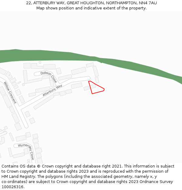 22, ATTERBURY WAY, GREAT HOUGHTON, NORTHAMPTON, NN4 7AU: Location map and indicative extent of plot