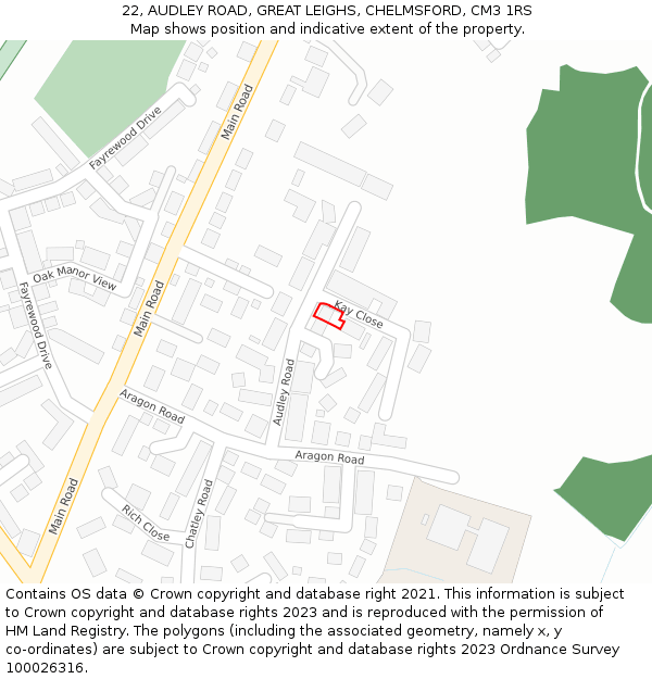 22, AUDLEY ROAD, GREAT LEIGHS, CHELMSFORD, CM3 1RS: Location map and indicative extent of plot