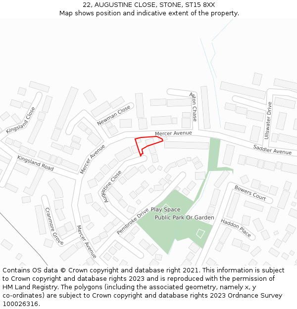 22, AUGUSTINE CLOSE, STONE, ST15 8XX: Location map and indicative extent of plot