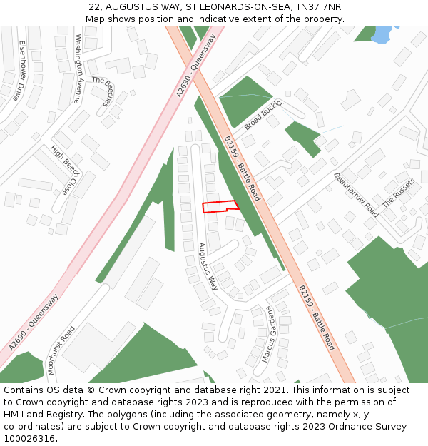 22, AUGUSTUS WAY, ST LEONARDS-ON-SEA, TN37 7NR: Location map and indicative extent of plot