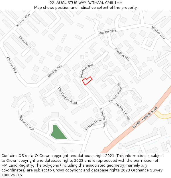 22, AUGUSTUS WAY, WITHAM, CM8 1HH: Location map and indicative extent of plot