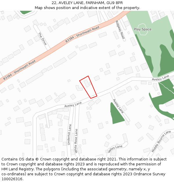 22, AVELEY LANE, FARNHAM, GU9 8PR: Location map and indicative extent of plot