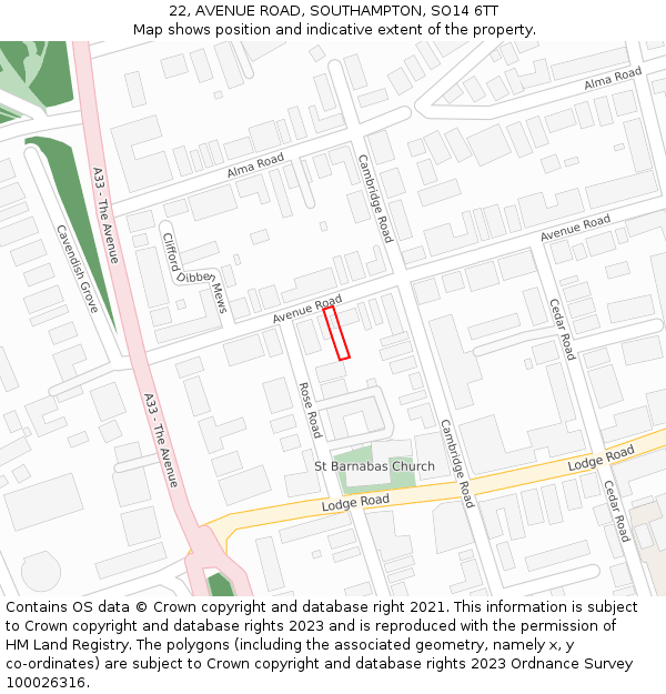 22, AVENUE ROAD, SOUTHAMPTON, SO14 6TT: Location map and indicative extent of plot