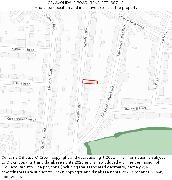 22, AVONDALE ROAD, BENFLEET, SS7 1EJ: Location map and indicative extent of plot