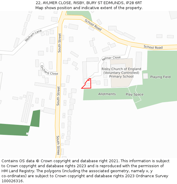 22, AYLMER CLOSE, RISBY, BURY ST EDMUNDS, IP28 6RT: Location map and indicative extent of plot