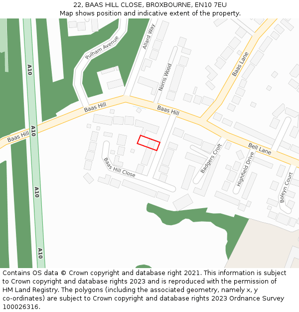 22, BAAS HILL CLOSE, BROXBOURNE, EN10 7EU: Location map and indicative extent of plot