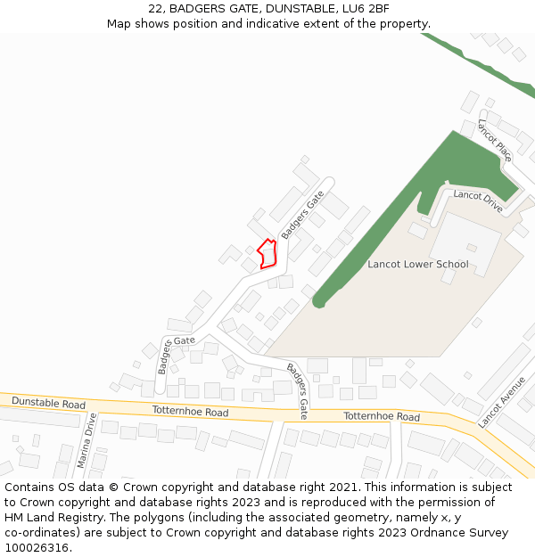 22, BADGERS GATE, DUNSTABLE, LU6 2BF: Location map and indicative extent of plot
