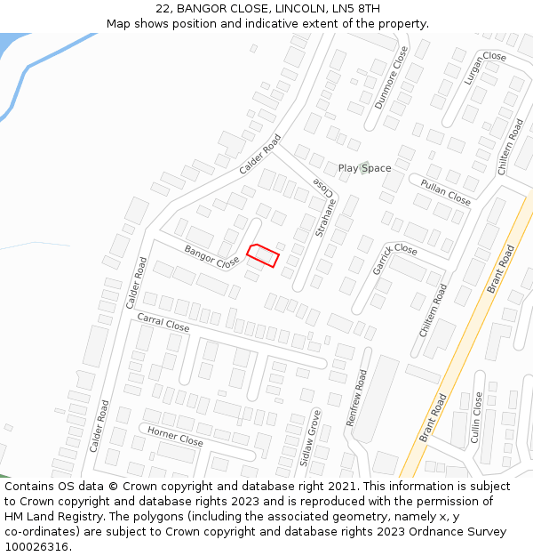 22, BANGOR CLOSE, LINCOLN, LN5 8TH: Location map and indicative extent of plot