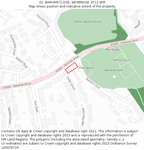 22, BARHAM CLOSE, WEYBRIDGE, KT13 9PR: Location map and indicative extent of plot