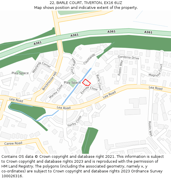 22, BARLE COURT, TIVERTON, EX16 6UZ: Location map and indicative extent of plot