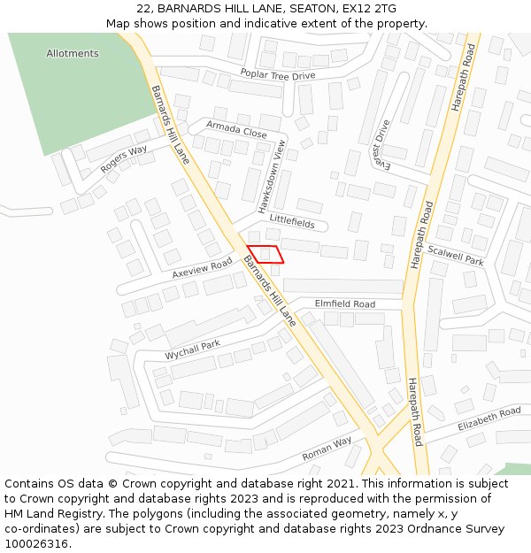 22, BARNARDS HILL LANE, SEATON, EX12 2TG: Location map and indicative extent of plot