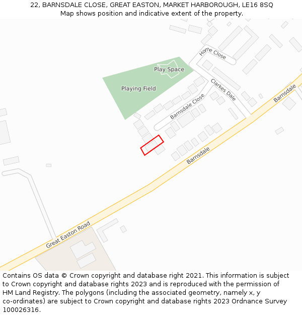 22, BARNSDALE CLOSE, GREAT EASTON, MARKET HARBOROUGH, LE16 8SQ: Location map and indicative extent of plot